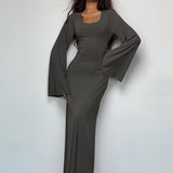 Solid Flared Long Sleeve Dress, Casual Squared Neck Maxi Dress, Women's Clothing