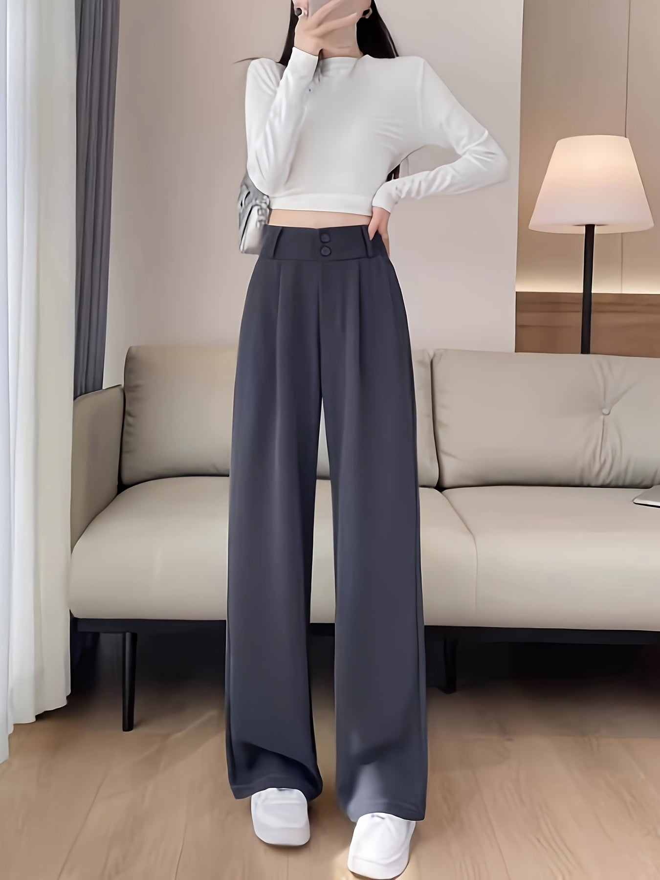 vlovelaw Solid Color Straight Leg Pants, Casual High Waist Loose Pants For Spring & Fall, Women's Clothing