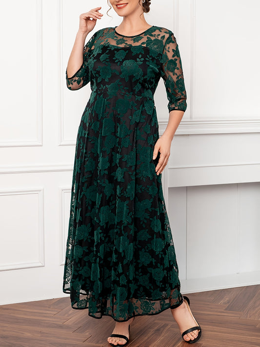 vlovelaw Plus Size Elegant Dress, Women's Plus Floral Print Contrast Mesh Three Quarter Sleeve Round Neck Maxi Dress