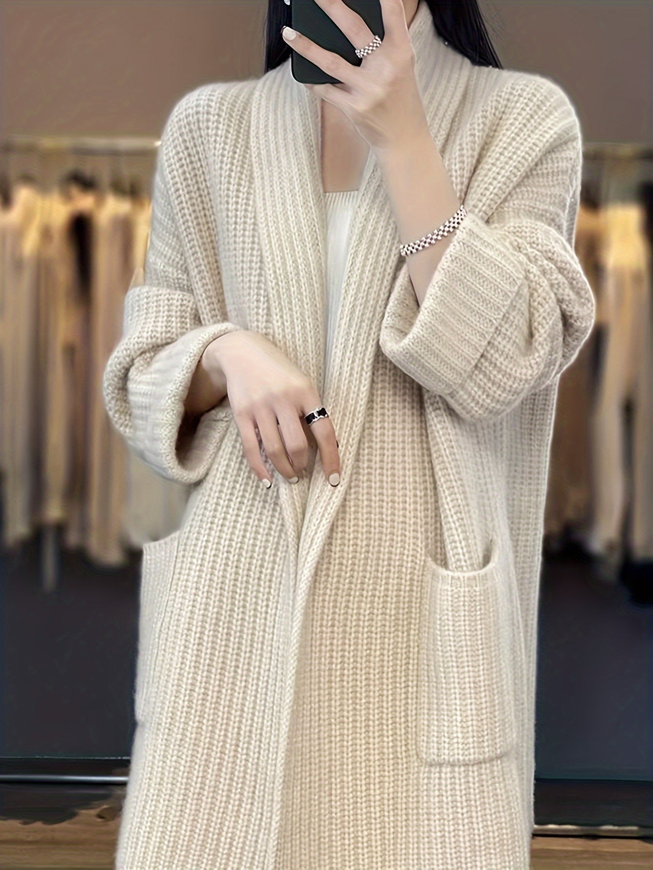 vlovelaw  Solid Open Front Knit Cardigan, Casual Long Sleeve Oversized Sweater Coat With Pocket, Women's Clothing