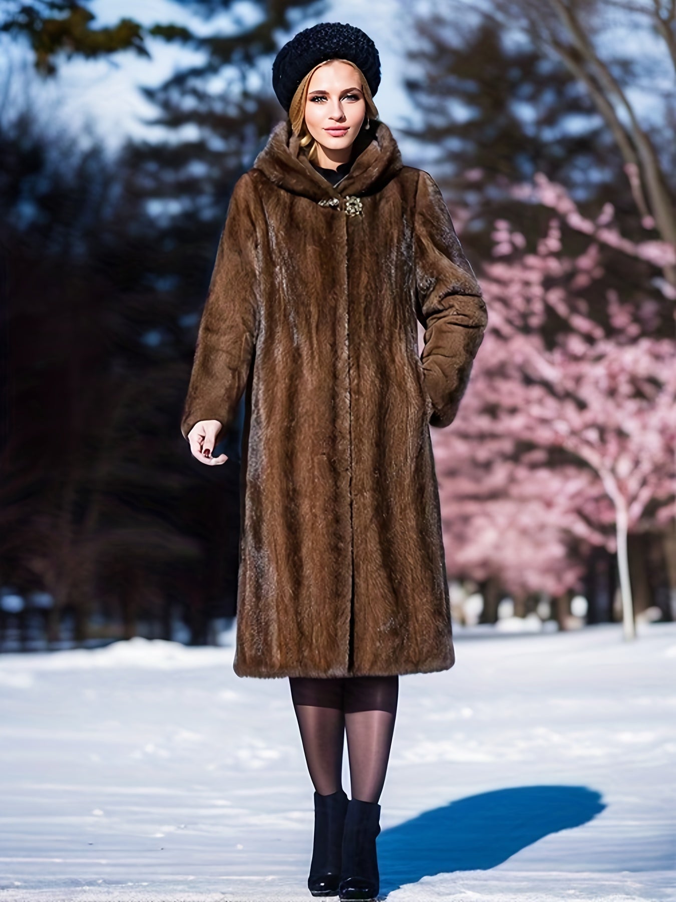 vlovelaw  Open Front Faux Fur Hooded Coat, Elegant Thermal Long Sleeve Midi Coat For Winter, Women's Clothing