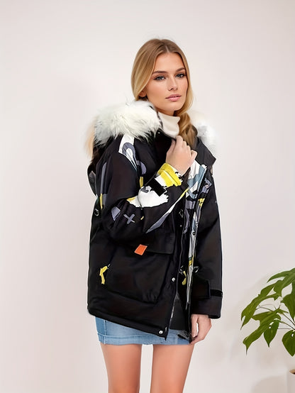 Fluffy Trim Graphic Print Parka, Casual Open Front Winter Warm Outerwear, Women's Clothing