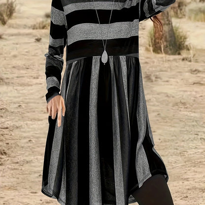 vlovelaw Plus Size Casual Dress, Women's Plus Colorblock Stripe Print Long Sleeve Round Neck Slight Stretch Dress