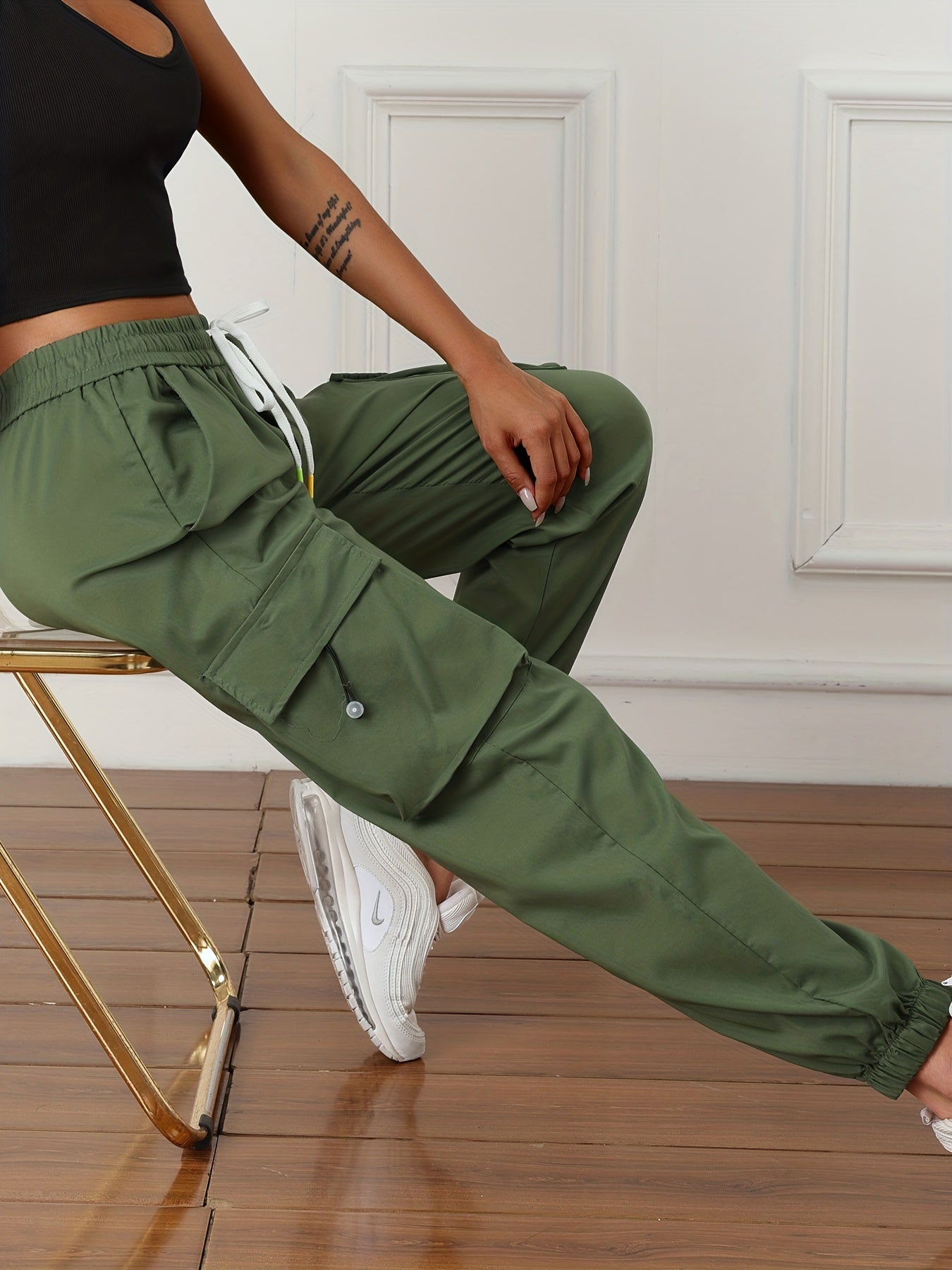 vlovelaw  Y2K Solid Drawstring Cargo Pants, Casual Side Pockets Baggy Cargo Pants, Women's Clothing