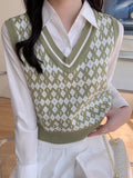 vlovelaw  Allover Pattern V Neck Knitted Vest, Vintage Sleeveless Sweater For Spring & Fall, Women's Clothing
