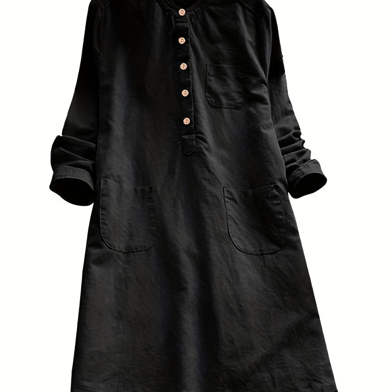 Plus Size Button Decor Solid Casual Swing Dress With Pockets, Women's Plus Loose Fit Midi Dress