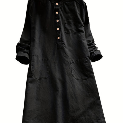 Plus Size Button Decor Solid Casual Swing Dress With Pockets, Women's Plus Loose Fit Midi Dress