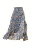 vlovelaw  Floral Print High Waist Skirt, Cute Asymmetrical Skirt For Spring & Summer, Women's Clothing