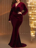 vlovelaw  Plus Size Solid Ruched Brush Train Dress, Elegant V Neck Long Sleeve Dress For Party & Banquet, Women's Plus Size Clothing