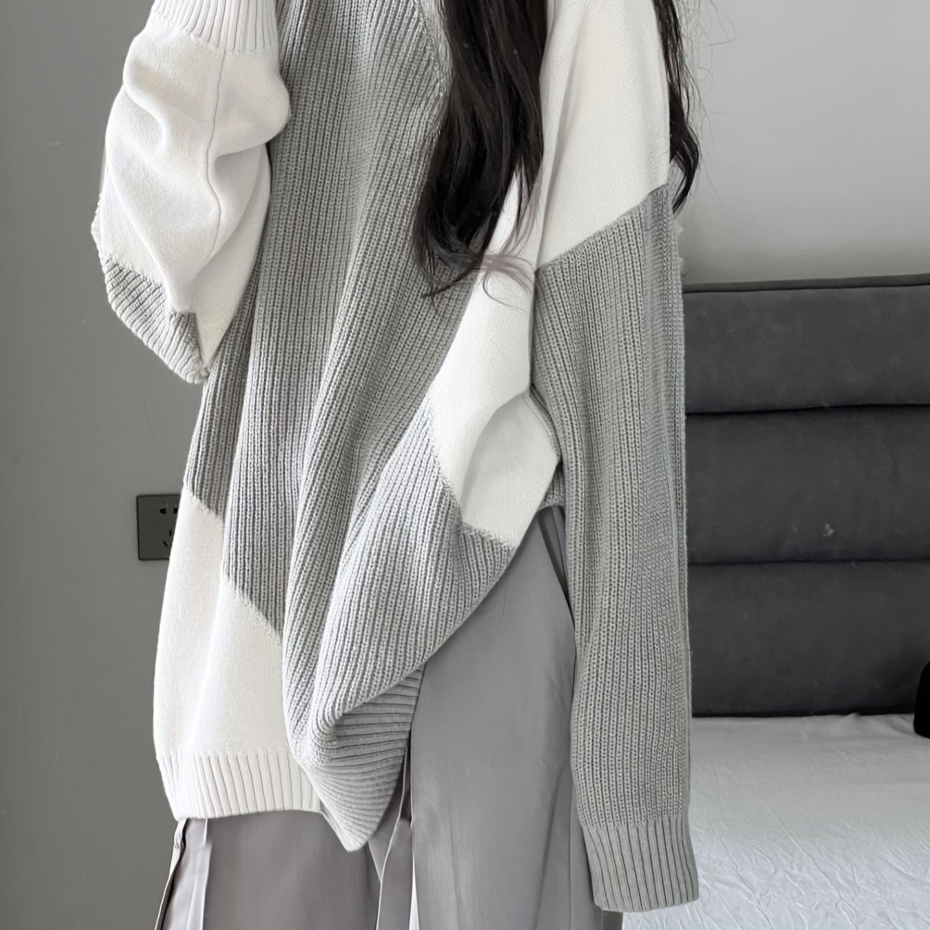 vlovelaw Color Block Oversized Pullover Sweater, Casual Crew Neck Long Sleeve Sweater, Women's Clothing