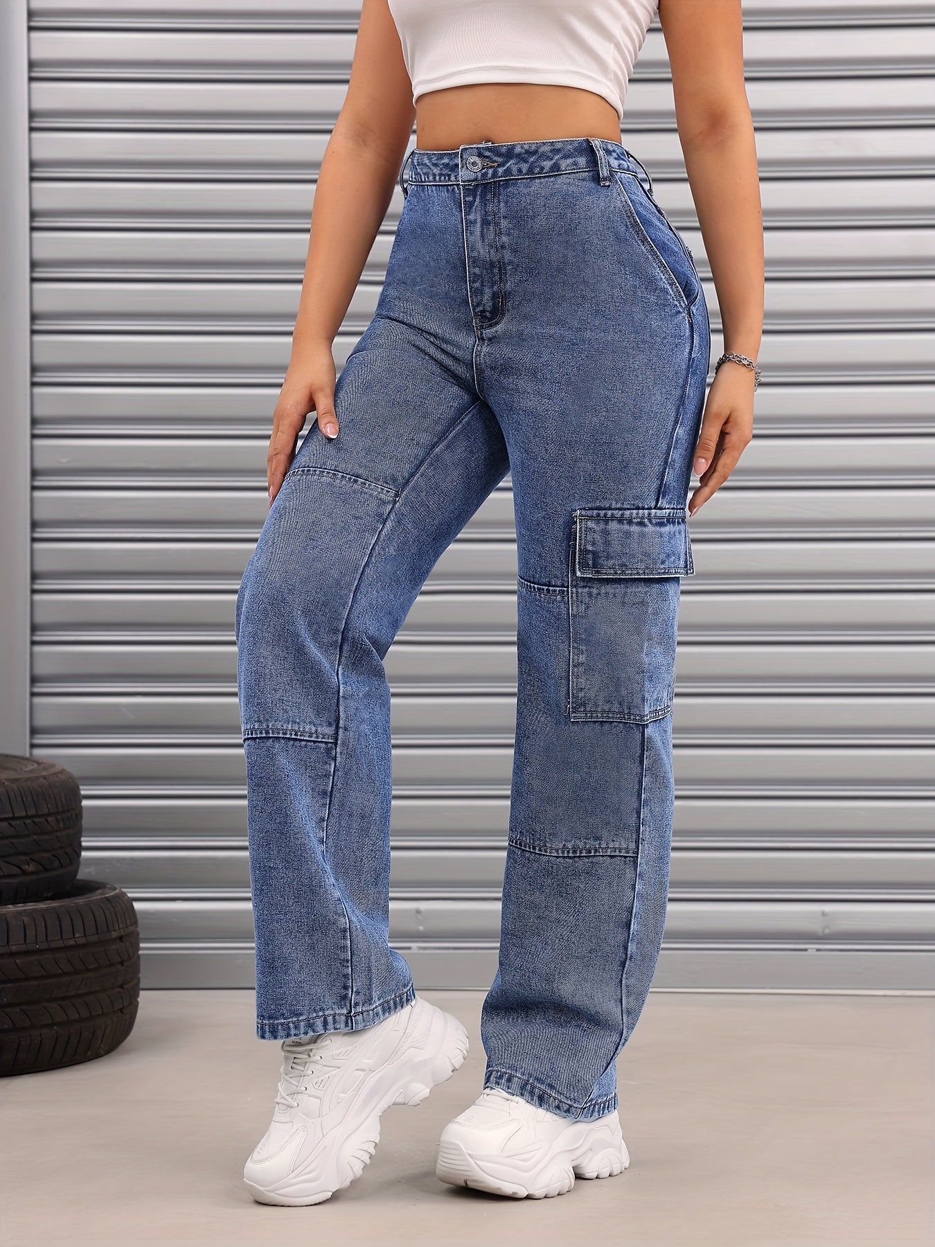 vlovelaw Loose Fit Casual Straight Jeans, Flap Pockets Non-Stretch Denim Pants, Women's Denim Jeans & Clothing