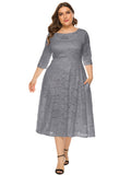 Plus Size Elegant Midi Lace Dress with 3/4 Sleeves - Crew Neck, Trapeze Hem, Pocket Details, Fitted Silhouette - Perfect for Wedding, Evening, Occasion, and Engagement Ceremony