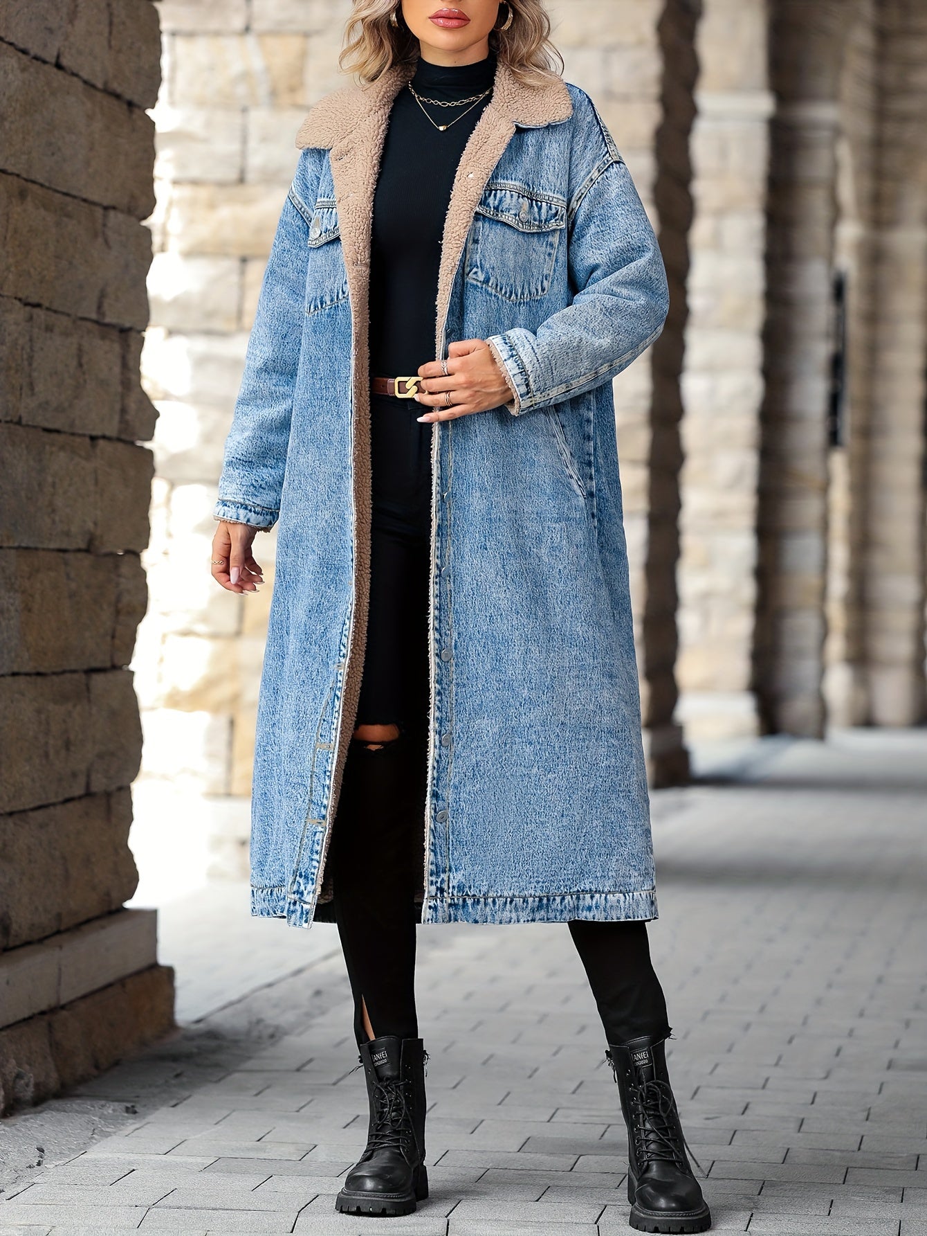 vlovelaw  Plain Fleece Liner Long Denim Coat, Long Sleeves Drop Shoulder Casual Denim Jackets, Women's Denim Clothing