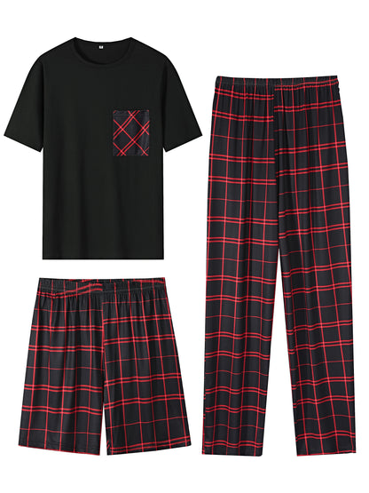 3-Piece Men's Comfort Loungewear Set - Trendy Short Sleeve Crew Neck T-Shirt, Plaid Stretchy Shorts & Pants - Relaxed Elastic Waistband - Casual Home Wear