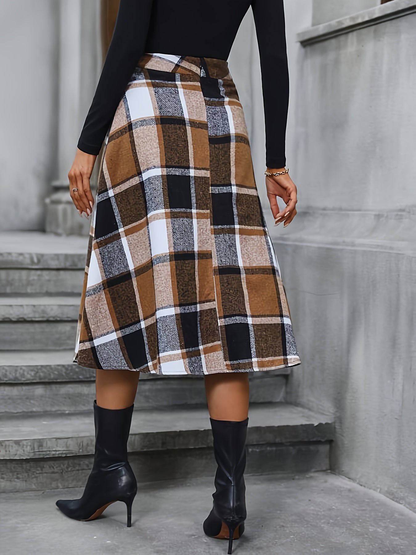 vlovelaw Plaid Print High Waist Flared Skirt, Elegant Midi Skirt For Spring & Fall, Women's Clothing