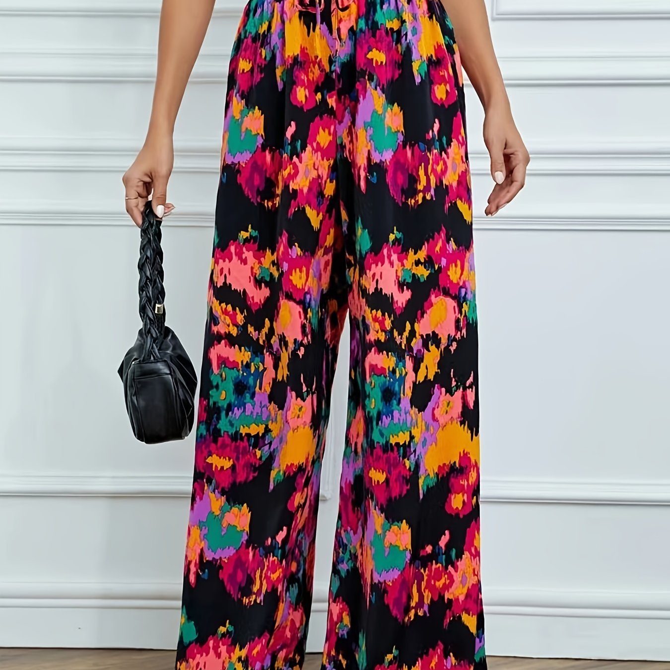 vlovelaw  Allover Print Wide Leg Ants, Elegant Paper Bag Waist Long Length Pants, Women's Clothing