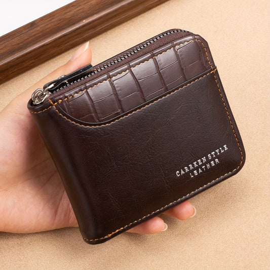 CarrKen Vintage-Inspired Solid Wallet: Secure Zip-Around Coin Holder, Textured Credit Card Organizer