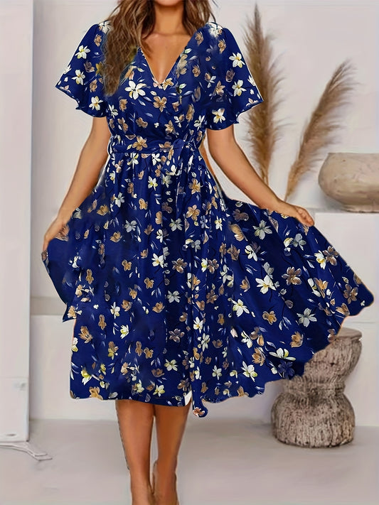 vlovelaw  Floral Print V Neck Dress, Elegant Knot Pleated Short Sleeve Dress, Women's Clothing