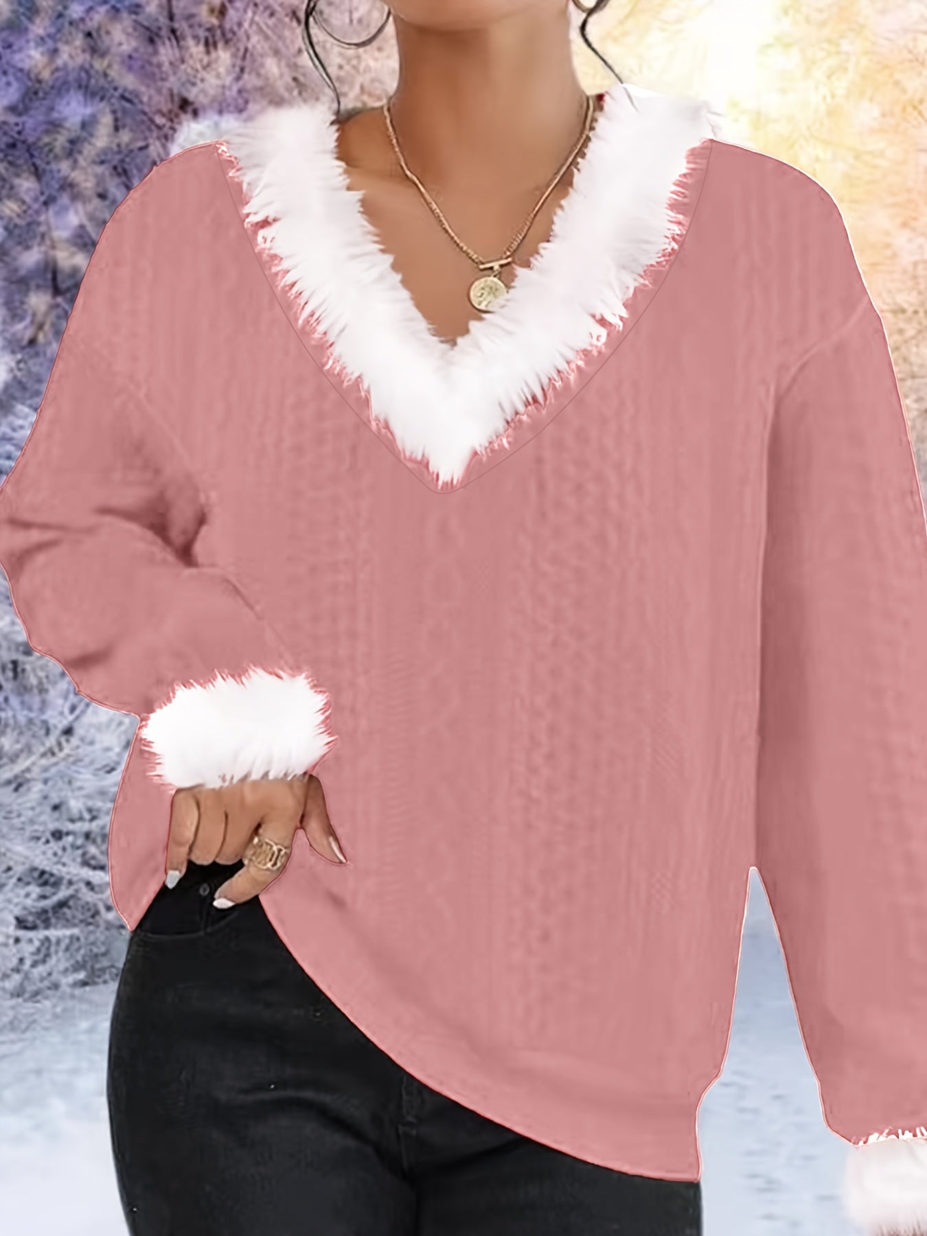 Christmas Faux Fur Trim Pullover Sweatshirt, Casual Long Sleeve V Neck Sweatshirt For Fall & Winter, Women's Clothing