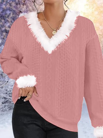 Christmas Faux Fur Trim Pullover Sweatshirt, Casual Long Sleeve V Neck Sweatshirt For Fall & Winter, Women's Clothing