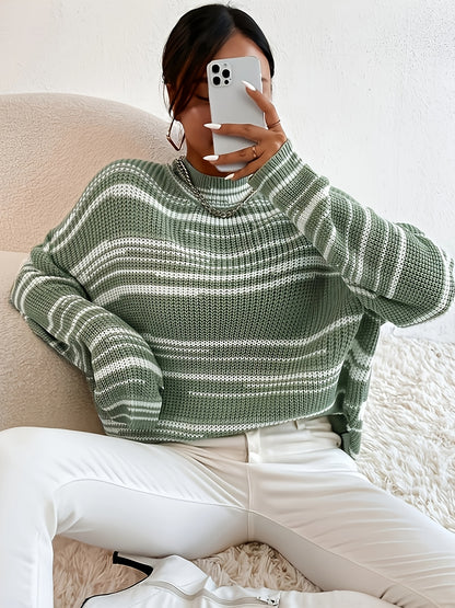 vlovelaw  Striped Crew Neck Pullover Sweater, Casual Long Sleeve Drop Shoulder Loose Sweater, Women's Clothing