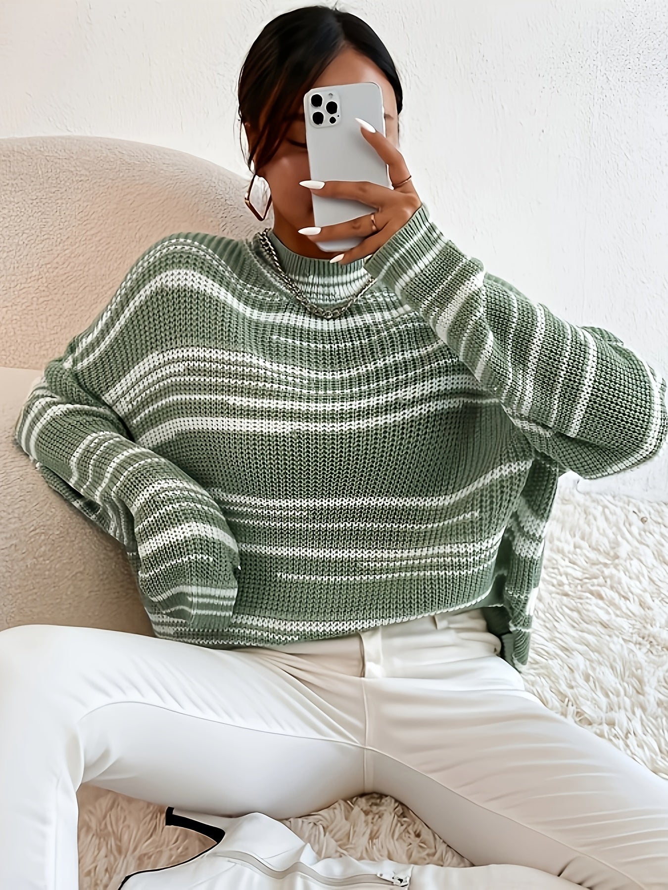 vlovelaw  Striped Crew Neck Pullover Sweater, Casual Long Sleeve Drop Shoulder Loose Sweater, Women's Clothing