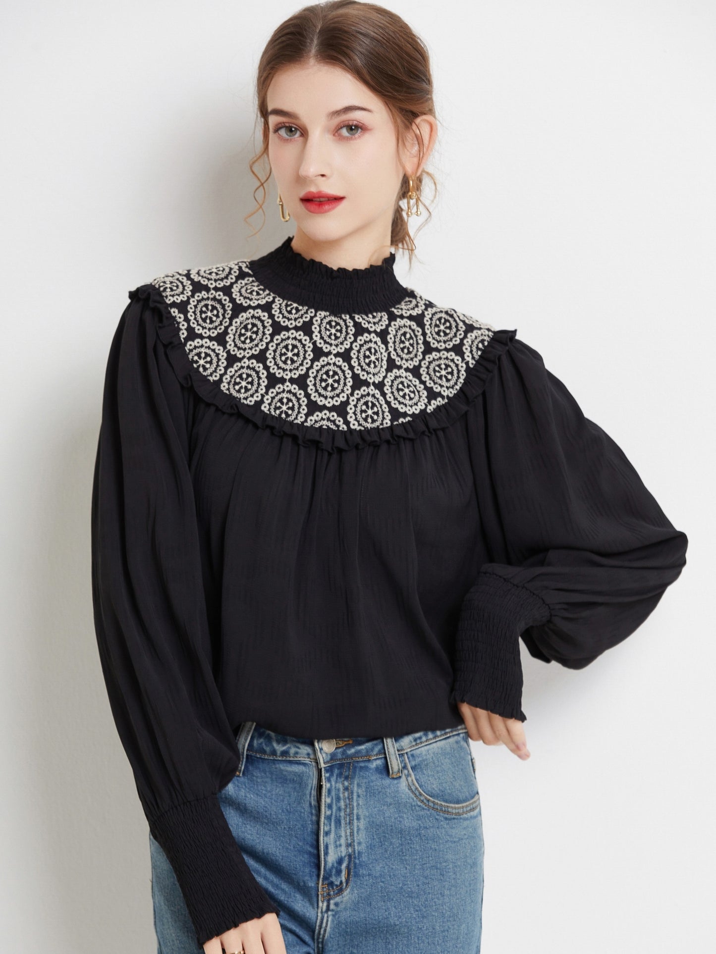 vlovelaw Floral Embroidered Blouse, Casual High Neck Long Sleeve Ruched Blouse, Women's Clothing