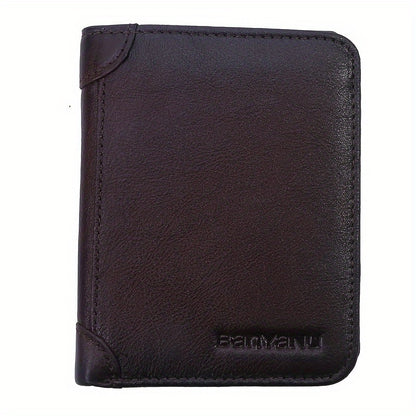 Three-Fold Genuine Leather Mens Wallet - Spacious Card Holder, Durable Top Layer Cowhide, Simple Solid Color Design, Ideal Gift for Men