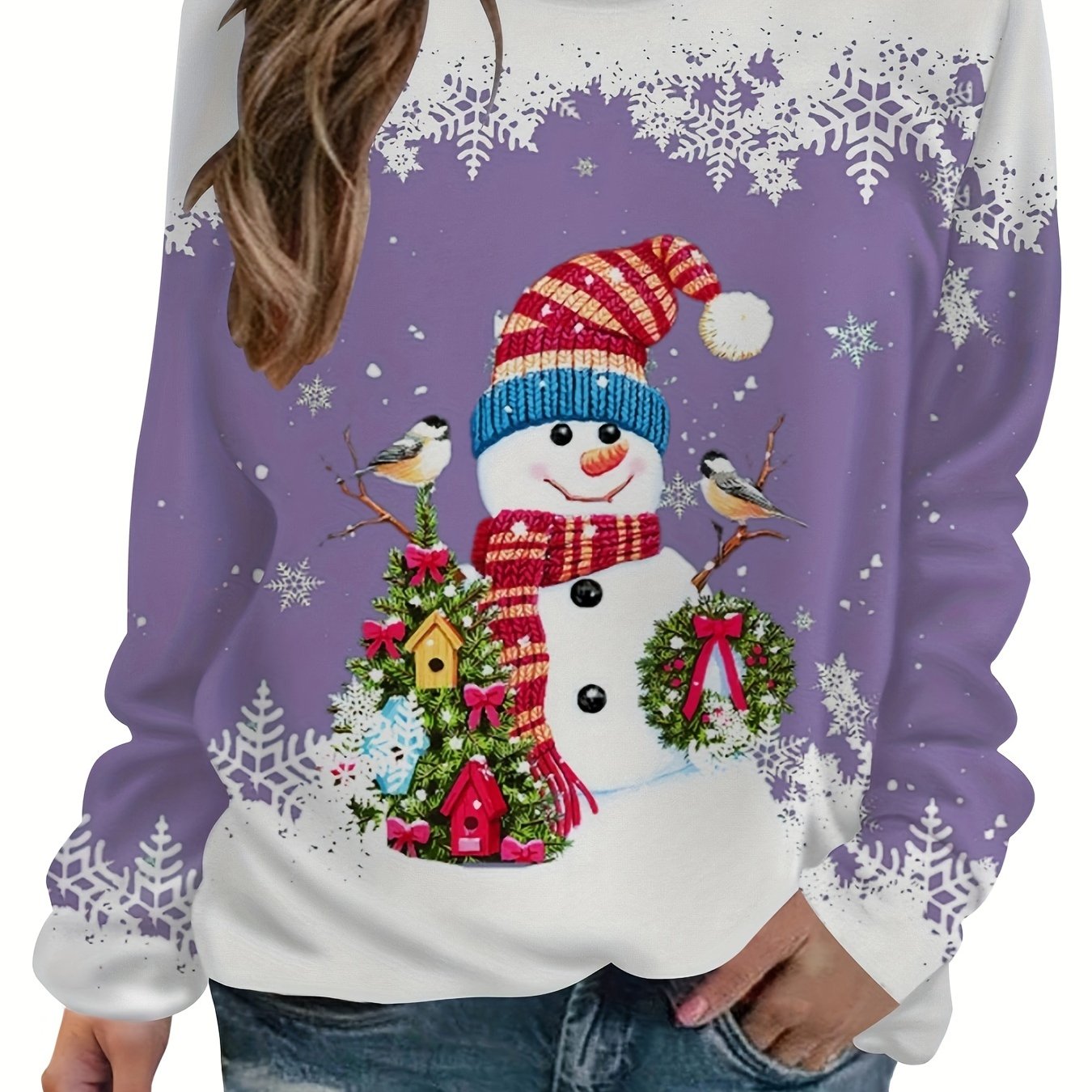 vlovelaw  Christmas Snowman Printed Warm Sports Sweatshirts, Long-sleeved Round Neck Casual Sports Pullover Tops For Winter And Autumn, Women's Sporty Sweatshirts