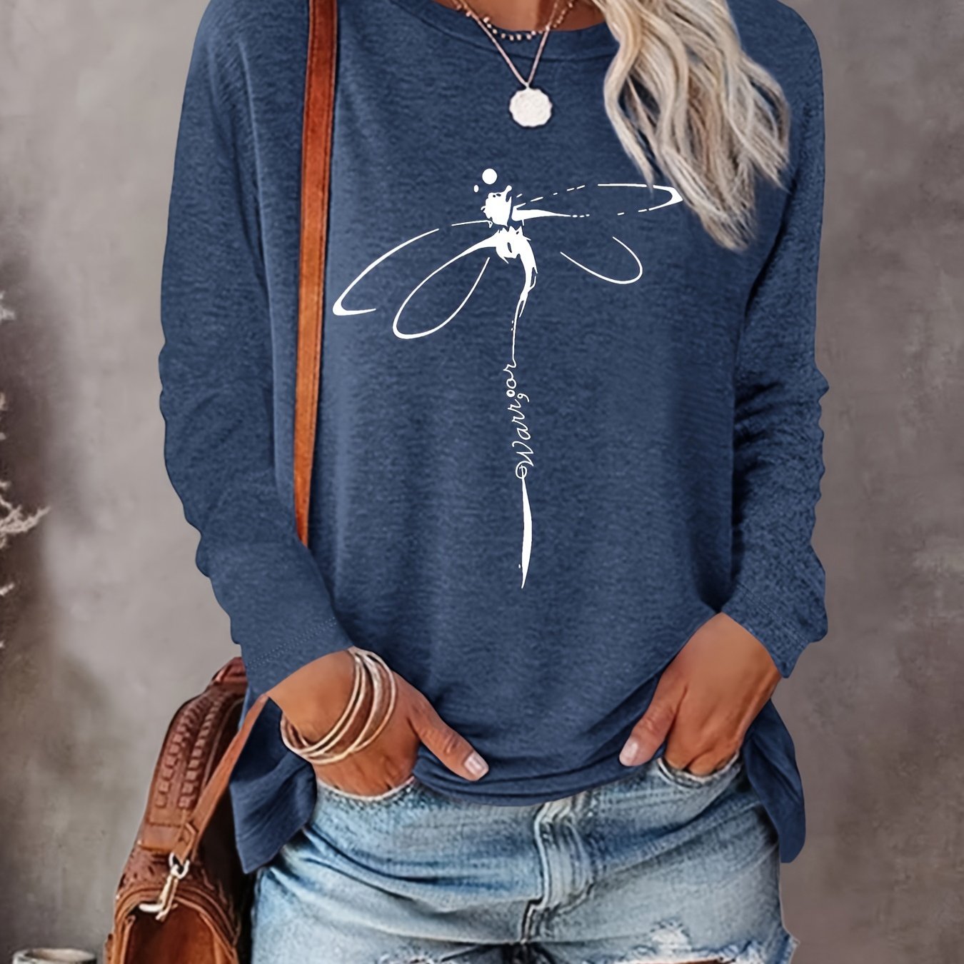 vlovelaw Dragonfly Print Crew Neck Pullover Sweatshirt, Casual Long Sleeve Sweatshirt For Spring & Fall, Women's Clothing