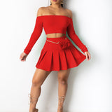 vlovelaw  Solid Elegant Two-piece Set, Off Shoulder Long Sleeve Crop Top & Pleated Mini Skirt Outfits, Women's Clothing