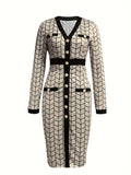 vlovelaw Contrast Trim Allover Print Dress, Elegant Button Front Long Sleeve Dress, Women's Clothing