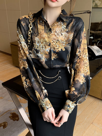 Floral Print Button Front Shirt, Casual Long Sleeve Shirt For Spring & Fall, Women's Clothing