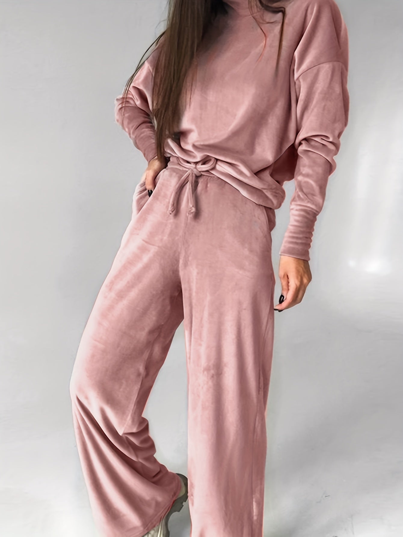 vlovelaw Solid Casual Two-piece Set, Crew Neck Long Sleeve Tops & Drawstring Wide Leg Pants Outfits, Women's Clothing