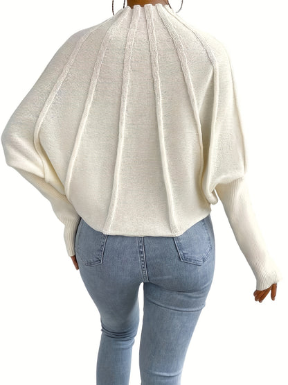 vlovelaw  Solid Mock Neck Pullover Sweater, Elegant Batwing Sleeve Stylish Sweater, Women's Clothing