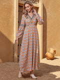 vlovelaw Boho Allover Print A-line Dress, Vintage Long Sleeve V Neck Dress For Spring & Fall, Women's Clothing