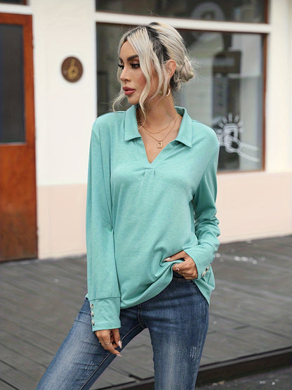 vlovelaw Simple Solid Blouse, Casual V Neck Long Sleeve Blouse, Women's Clothing