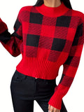 vlovelaw  Plaid Crew Neck Pullover Sweater, Casual Long Sleeve Fall Winter Sweater, Women's Clothing