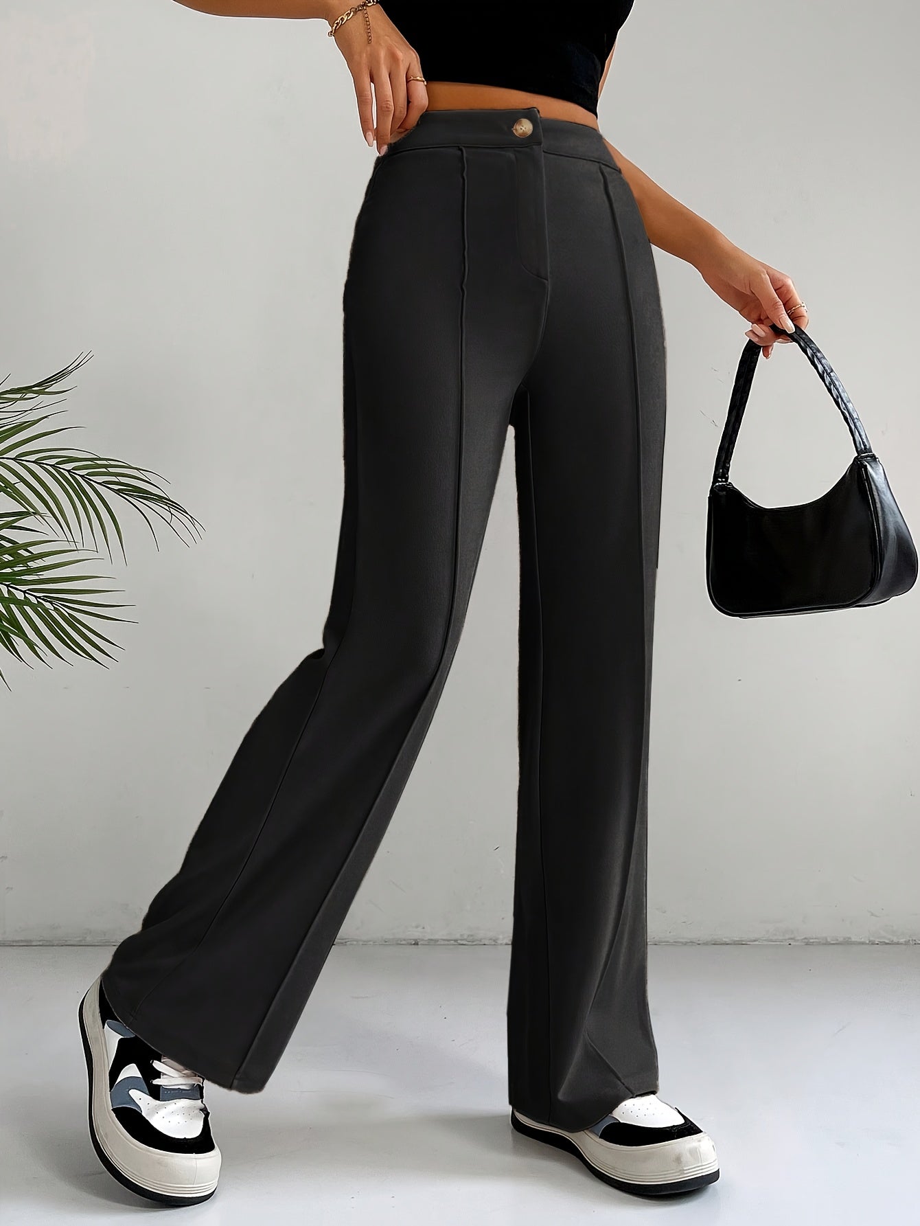 vlovelaw  Solid Pintuck Straight Leg Pants, Elegant High Waist Slim Pants, Women's Clothing