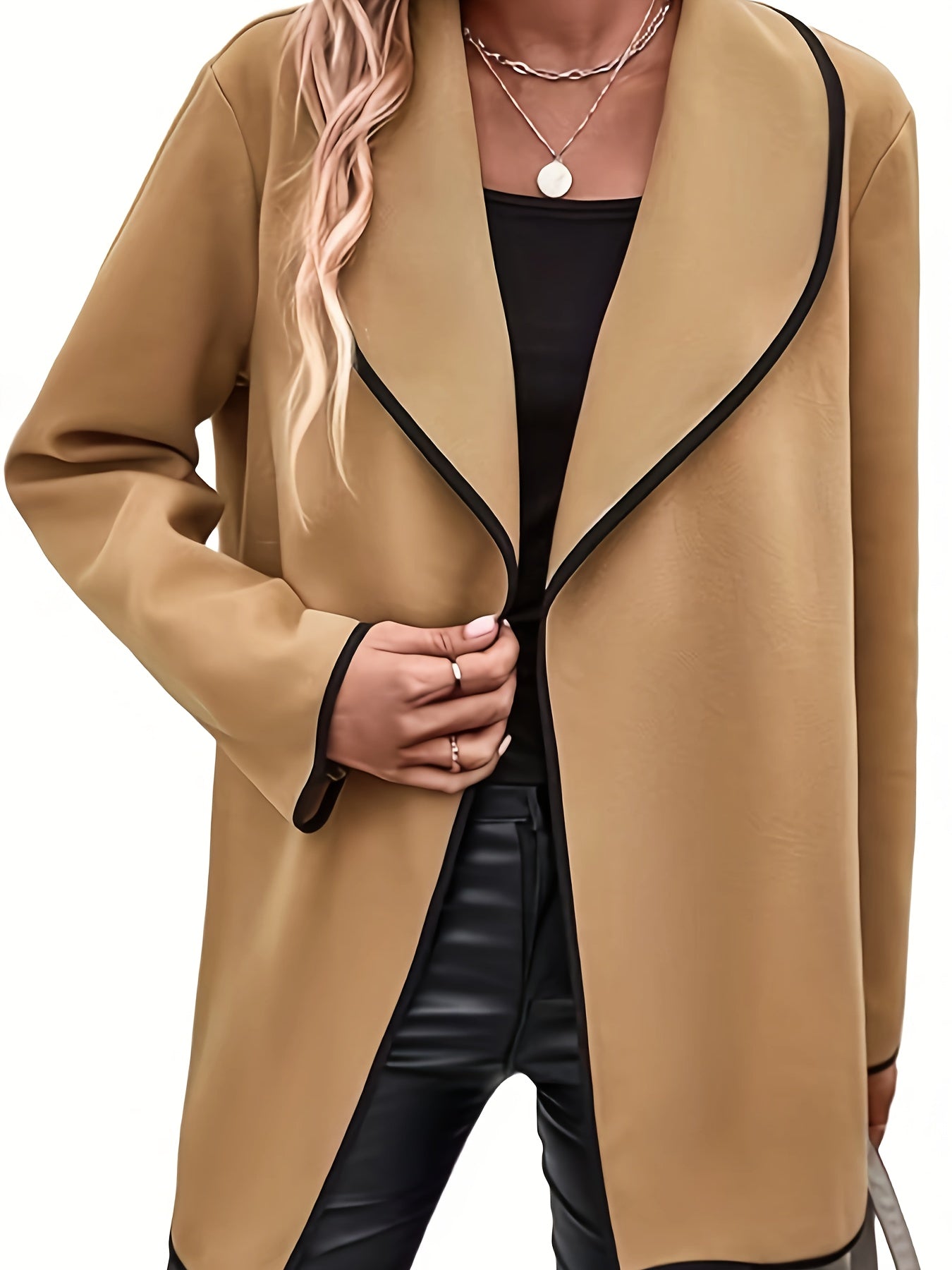 Contrast Trim Open Front Coat, Casual Long Sleeve Coat For Fall & Winter, Women's Clothing