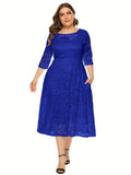 Plus Size Elegant Midi Lace Dress with 3/4 Sleeves - Crew Neck, Trapeze Hem, Pocket Details, Fitted Silhouette - Perfect for Wedding, Evening, Occasion, and Engagement Ceremony