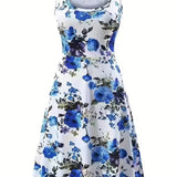 vlovelaw  Plus Size Elegant Dress, Women's Plus Floral Print Round Neck Medium Stretch Tank Dress