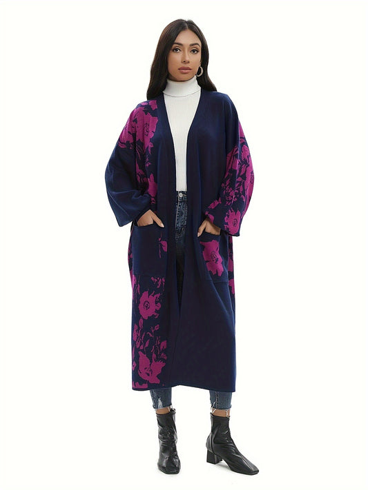 Floral Print Long Length Overcoat, Casual Open Front Long Sleeve Outerwear, Women's Clothing