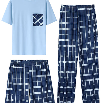 3-Piece Men's Comfort Loungewear Set - Trendy Short Sleeve Crew Neck T-Shirt, Plaid Stretchy Shorts & Pants - Relaxed Elastic Waistband - Casual Home Wear