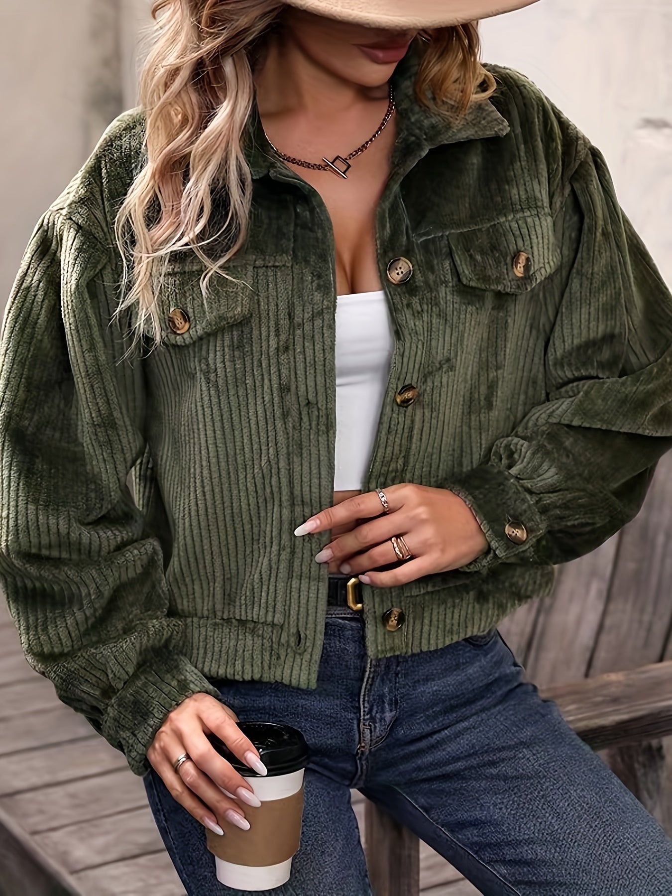 Solid Corduroy Button Front Jacket, Casual Long Sleeve Outwear For Spring & Fall, Women's Clothing