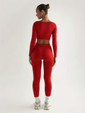 vlovelaw  Solid Color Spring Casual Two-piece Set, U Neck Long Sleeve Crop Top & Skinny Pants Outfits, Women's Clothing