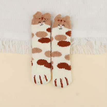 A Pair Of Girl's Cat Paw Pattern Embroidered Crew Socks, Comfy Breathable Casual Fleece Thermal Socks, Winter & Autumn