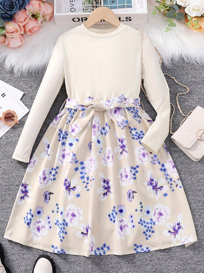 vlovelaw  Girls Long Sleeves Round Neck Flowers Splicing Belted Dress For Party Kids Spring Clothes