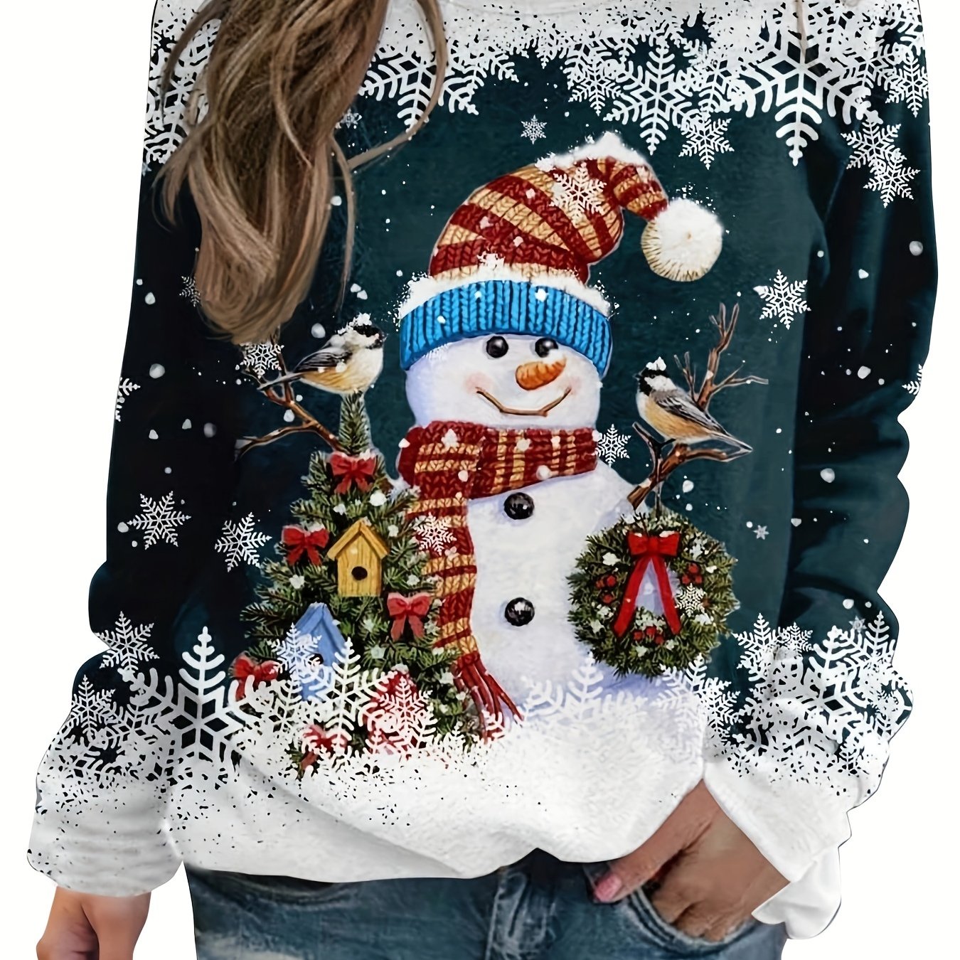 vlovelaw  Christmas Snowman Printed Warm Sports Sweatshirts, Long-sleeved Round Neck Casual Sports Pullover Tops For Winter And Autumn, Women's Sporty Sweatshirts