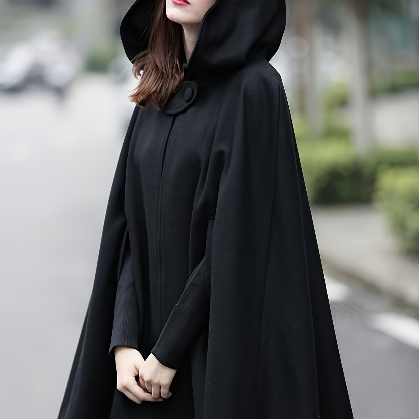 Plus Size Elegant Coat, Women's Plus Solid Split Cape Sleeve Button Detail Hooded Shawl Coat